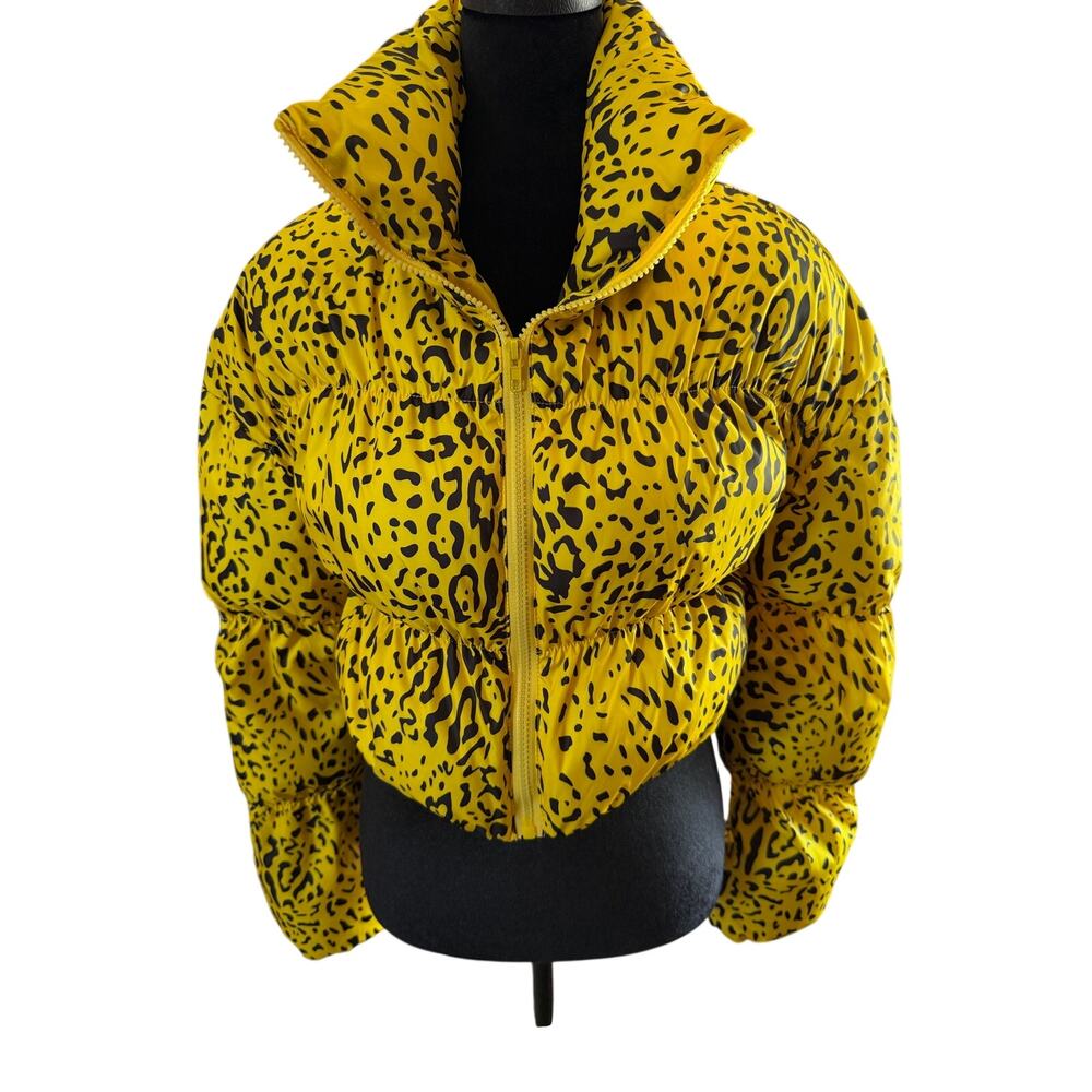 Swank A Posh Yellow Leopard Print Cropped Puffer Jacket Women's Size Small